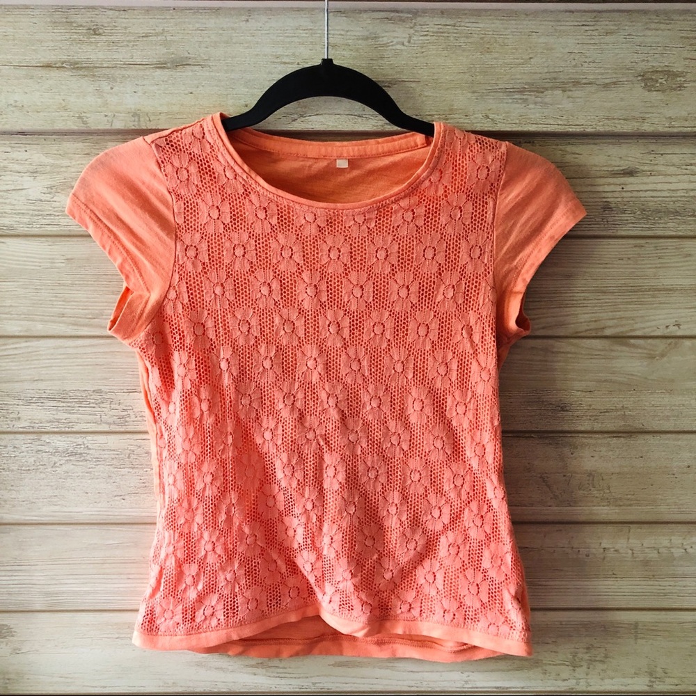 Light Orange Floral Lace Short Sleeve Top